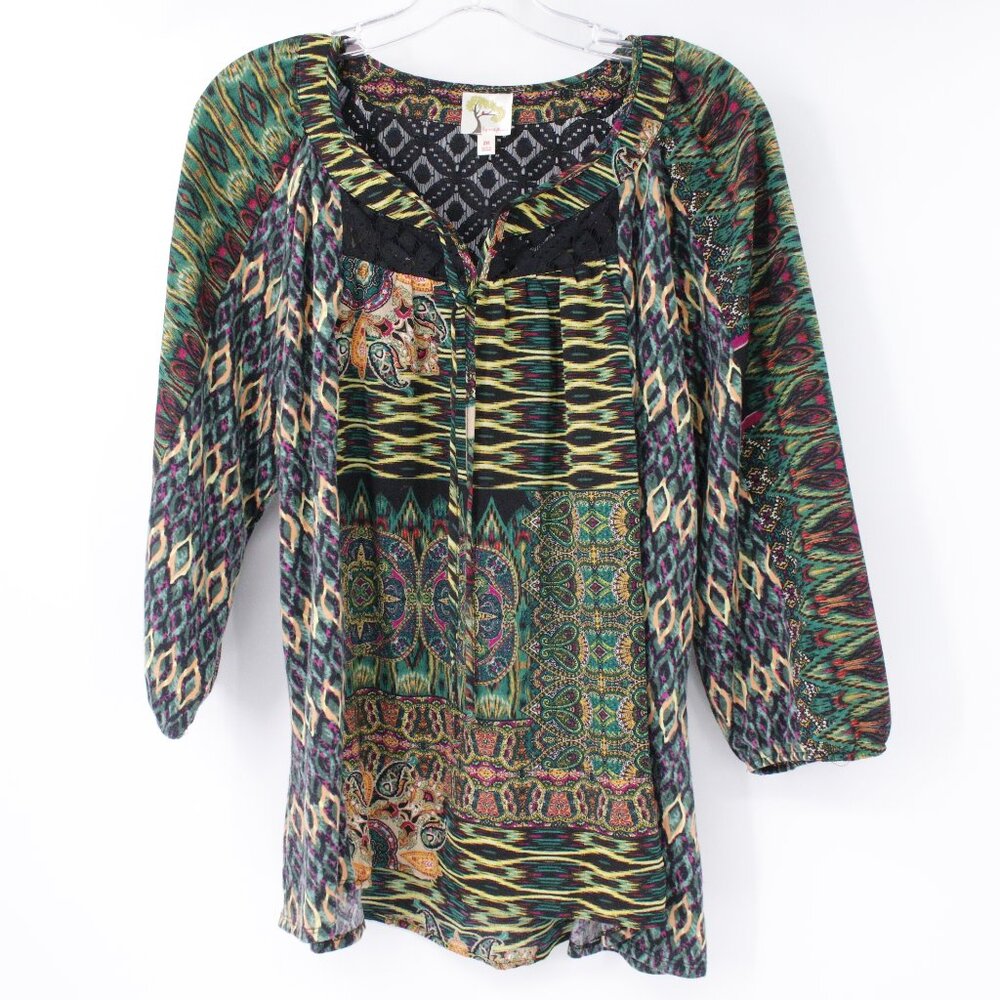 Fig & Flower Top Womens Medium Geometric Boho Lace Tie Front 3/4 Sleeve green